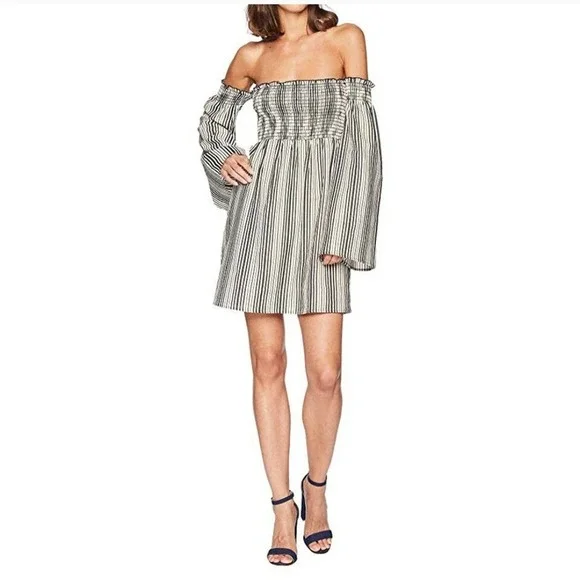 Show Me Your MuMu Sandra Smocked Off The Shoulder Striped Mini Dress Small - Picture 2 of 9